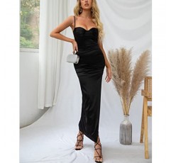 여자 새틴 스파게티 스트랩 Backless Ruched Bodycon 복장 슬릿 맥시 칵테일 저녁 파티를위한 우아한 드레스