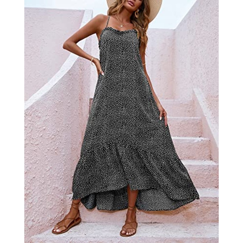 BTFBM 여성 캐주얼 여름 드레스 2023 스파게티 스트랩 민소매 Sundress 프린트 프릴 Flowy Boho Beach Long Maxi Dress