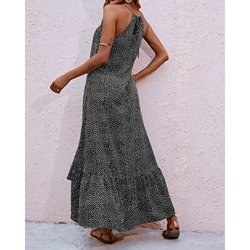 BTFBM 여성 캐주얼 여름 드레스 2023 스파게티 스트랩 민소매 Sundress 프린트 프릴 Flowy Boho Beach Long Maxi Dress