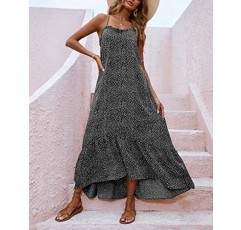 BTFBM 여성 캐주얼 여름 드레스 2023 스파게티 스트랩 민소매 Sundress 프린트 프릴 Flowy Boho Beach Long Maxi Dress