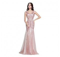 Giftman 핑크 인어 드레스 이브닝 가운 2022 Tulle Beading Crystal Luxury Dubai Formal Robe de Soiree (색상 : 노란색, 미국 크기 : 맞춤 크기)