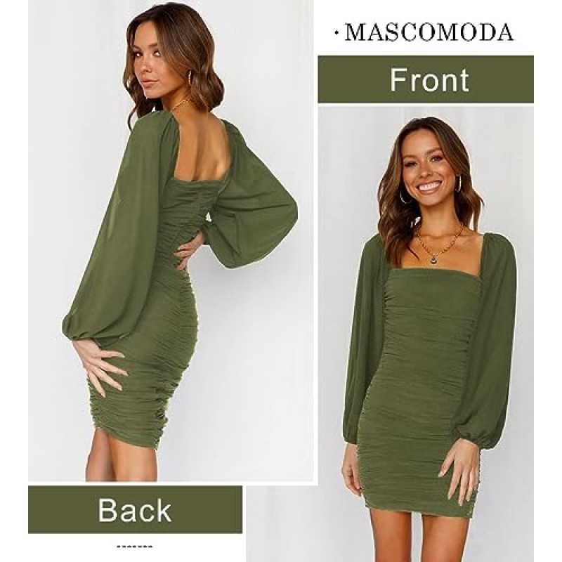 MASCOMODA 여성 우아한 스퀘어 넥 랜턴 긴 소매 미니 Ruched Bodycon 드레스 스트레치 메쉬 슬림 파티 칵테일 드레스