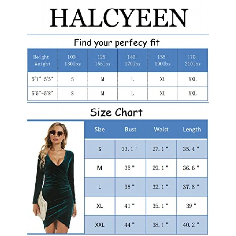 HALCYEEN Womens 긴 소매 벨벳 드레스 랩 셔링 V 넥 Bodycon 슬림 칵테일 파티 클럽 드레스 S-XXL