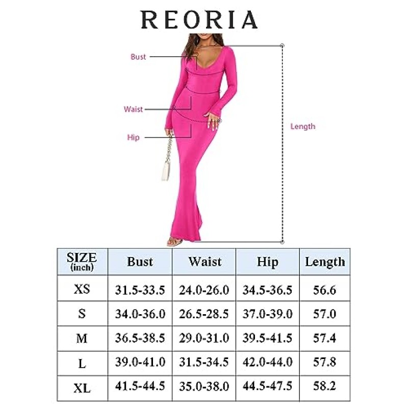 REORIA 여성의 섹시한 소프트 라운지 립 롱 드레스 우아한 긴 소매 딥 브이 넥 Bodycon 맥시 드레스