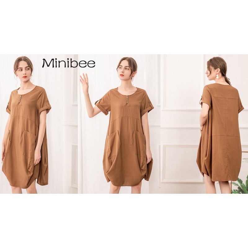 Minibee 여성용 러플 오버사이즈 캐주얼 미디 드레스(포켓 포함)