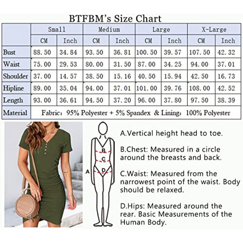 BTFBM 여성 여름 캐주얼 V 넥 짧은 소매 Ruched Bodycon T 셔츠 단추가있는 짧은 미니 드레스