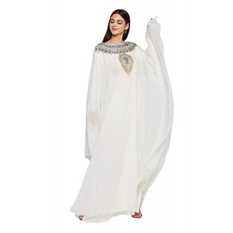 ANIIQ 여성 두바이 Kaftan Farasha Caftan 긴 맥시 드레스 긴 소매 조젯 민족, 신부, 저녁, 무료 스카프가있는 파티