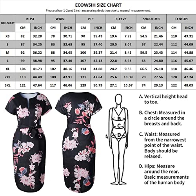 ECOWISH 여성 드레스 여름 캐주얼 v 넥 꽃 프린트 기하학 패턴 벨트 여름 드레스 여성 2023
