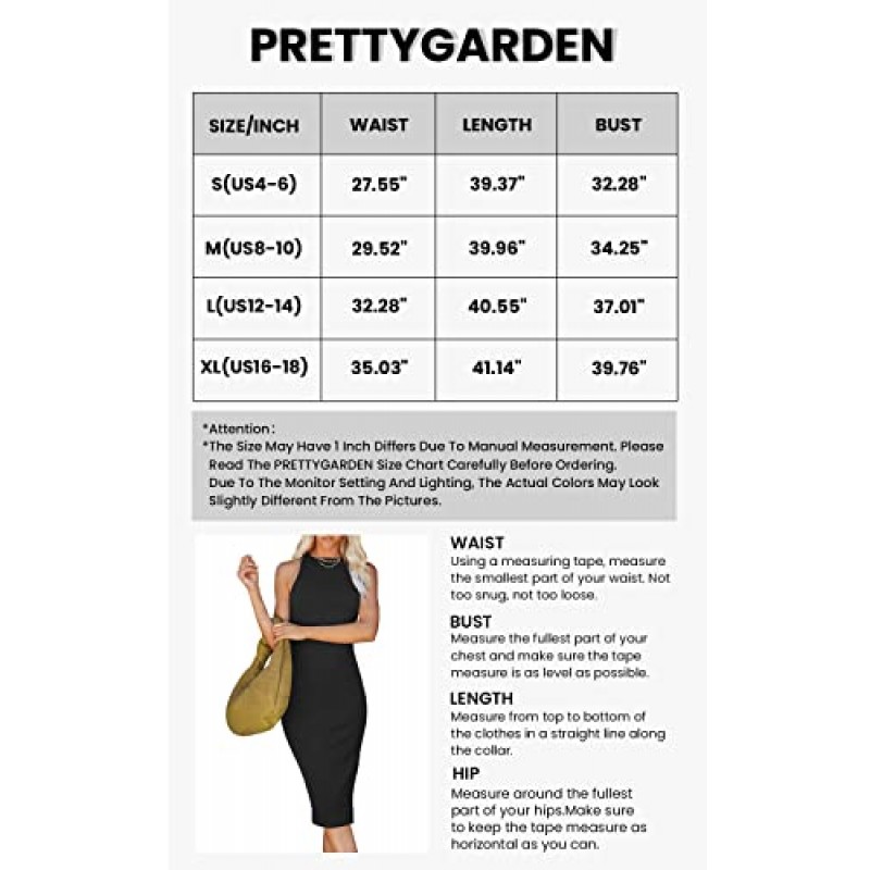 PRETTYGARDEN 여성 기본 Bodycon 미디 드레스 크루넥 민소매 캐주얼 여름 탱크 탑 드레스