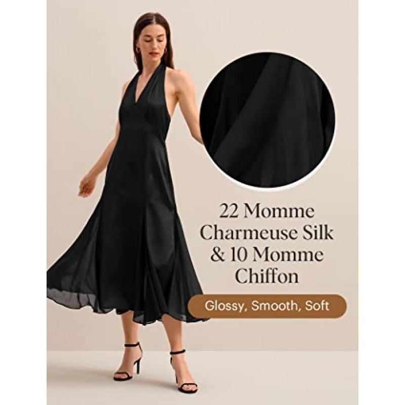 LilySilk 여성 실크 드레스 22 Momme 민소매 맥시 미디 드레스, 홀터넥 넥과 쉬폰 밑단