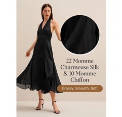 LilySilk 여성 실크 드레스 22 Momme 민소매 맥시 미디 드레스, 홀터넥 넥과 쉬폰 밑단