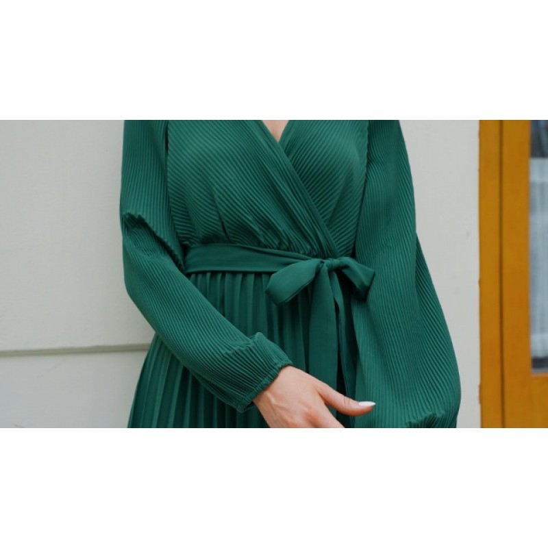 Mansy 여성용 우아한 랩 V 넥 랜턴 슬리브 Bulted Pleated Flowy Maxi 롱 드레스