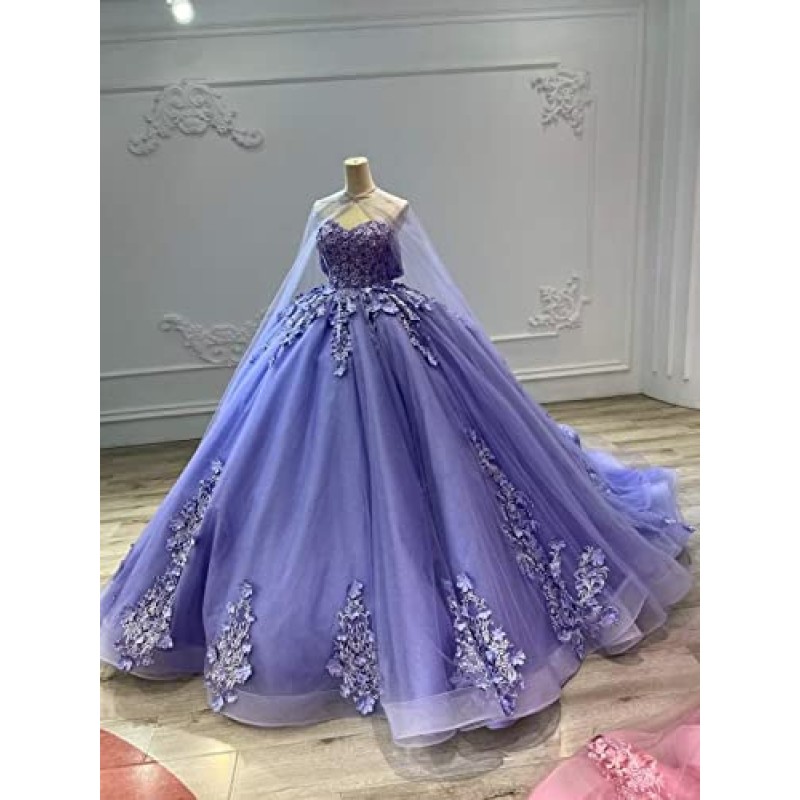 Mauuwy Tulle Quinceanera Dresses 레이스 볼 가운 푹신한 스위트 16 드레스 여성용 오프 숄더 파티 드레스 케이프 Y110