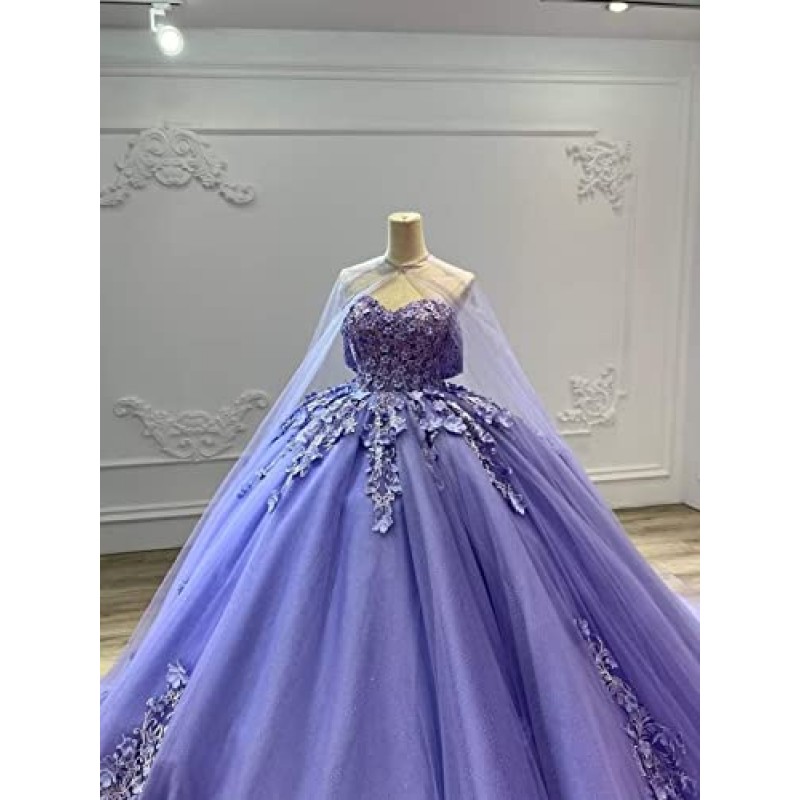 Mauuwy Tulle Quinceanera Dresses 레이스 볼 가운 푹신한 스위트 16 드레스 여성용 오프 숄더 파티 드레스 케이프 Y110