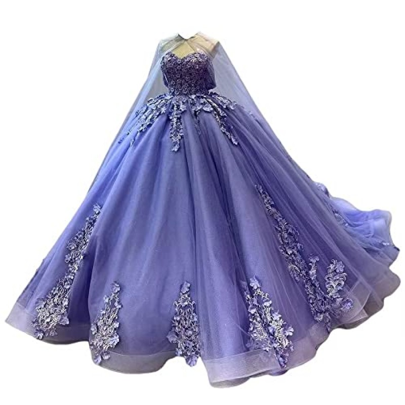 Mauuwy Tulle Quinceanera Dresses 레이스 볼 가운 푹신한 스위트 16 드레스 여성용 오프 숄더 파티 드레스 케이프 Y110