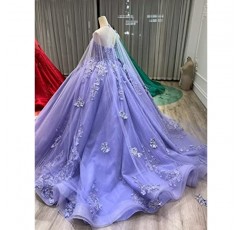 Mauuwy Tulle Quinceanera Dresses 레이스 볼 가운 푹신한 스위트 16 드레스 여성용 오프 숄더 파티 드레스 케이프 Y110