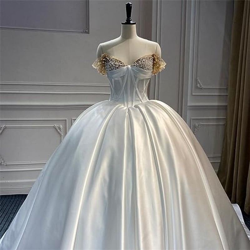 신부를위한 QueenLine 웨딩 드레스 아이보리 럭셔리 새틴 신부 드레스 진주 Strapless 플러스 사이즈 Vestido De Noiva Robe Mariage Ivory 12