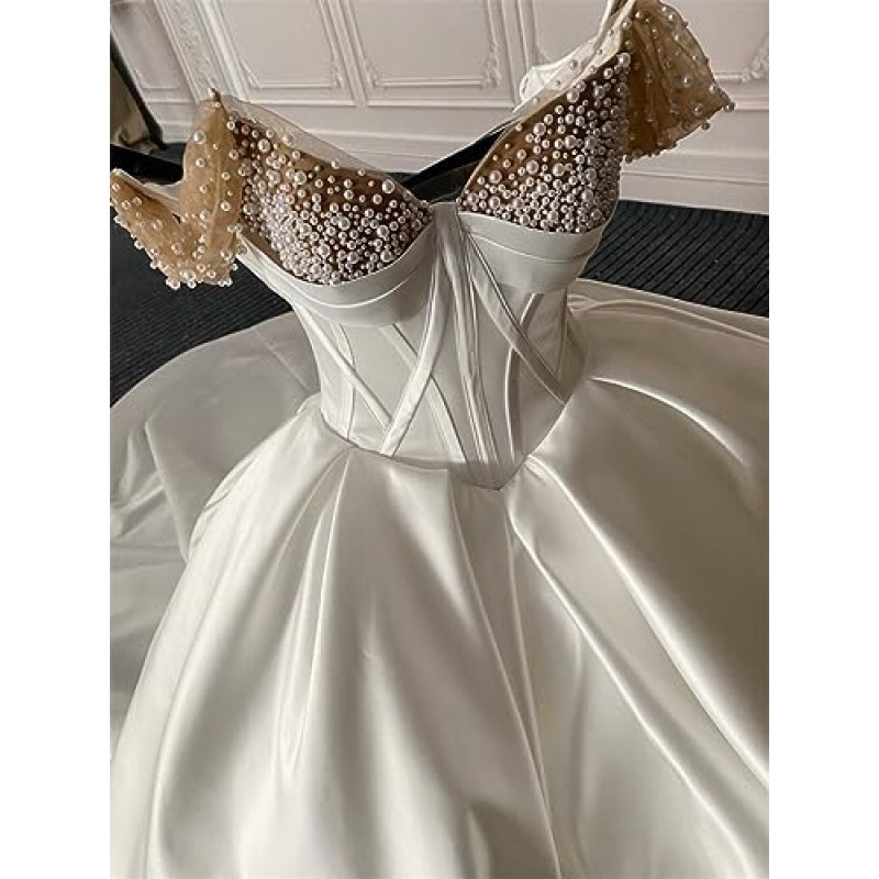 신부를위한 QueenLine 웨딩 드레스 아이보리 럭셔리 새틴 신부 드레스 진주 Strapless 플러스 사이즈 Vestido De Noiva Robe Mariage Ivory 12