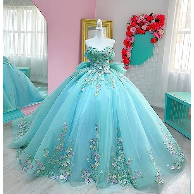 Mauuwy 3D 꽃 Quinceanera 드레스 볼 가운 푹신한 반짝 이는 Tulle 스위트 16 드레스 오프 어깨 레이스 댄스 파티 드레스 Y119