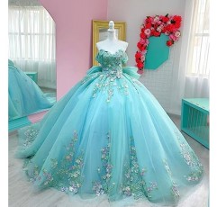 Mauuwy 3D 꽃 Quinceanera 드레스 볼 가운 푹신한 반짝 이는 Tulle 스위트 16 드레스 오프 어깨 레이스 댄스 파티 드레스 Y119