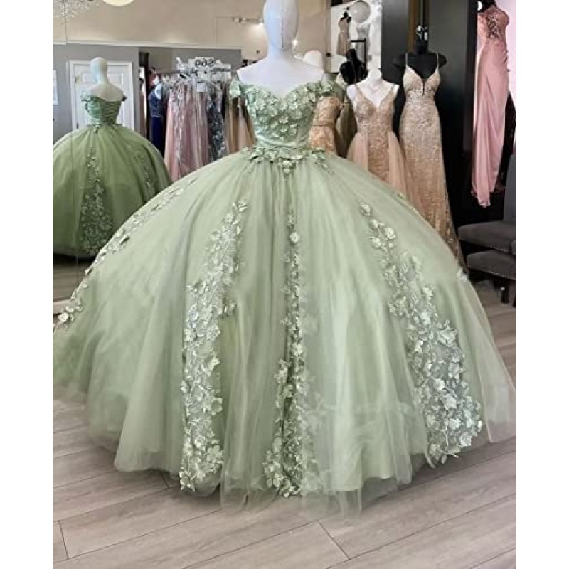 Mouccy 화려한 오프 숄더 Quinceanera 드레스 볼 가운 푹신한 파란색 댄스 파티 드레스 레이스 스위트 15 16 생일 드레스 XXF28