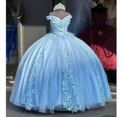 Mouccy 화려한 오프 숄더 Quinceanera 드레스 볼 가운 푹신한 파란색 댄스 파티 드레스 레이스 스위트 15 16 생일 드레스 XXF28