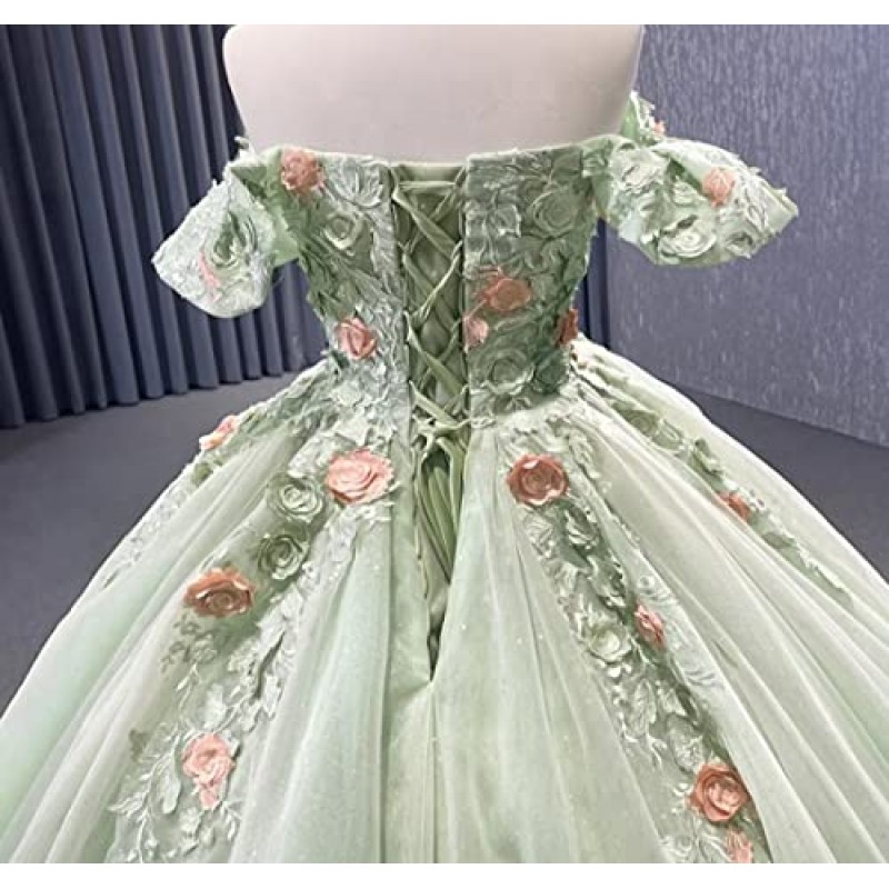 Mauuwy 3D 꽃 Quinceanera 드레스 볼 가운 푹신한 반짝 이는 Tulle 스위트 16 드레스 오프 어깨 댄스 파티 드레스 Y117