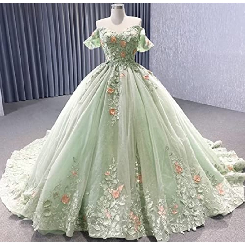 Mauuwy 3D 꽃 Quinceanera 드레스 볼 가운 푹신한 반짝 이는 Tulle 스위트 16 드레스 오프 어깨 댄스 파티 드레스 Y117