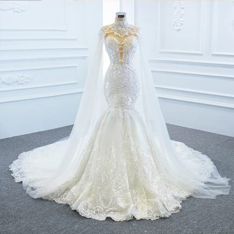 Elliebridal 2 조각 신부를위한 기차 긴 케이프와 럭셔리 여성의 신부 볼 가운 인어 레이스 웨딩 드레스