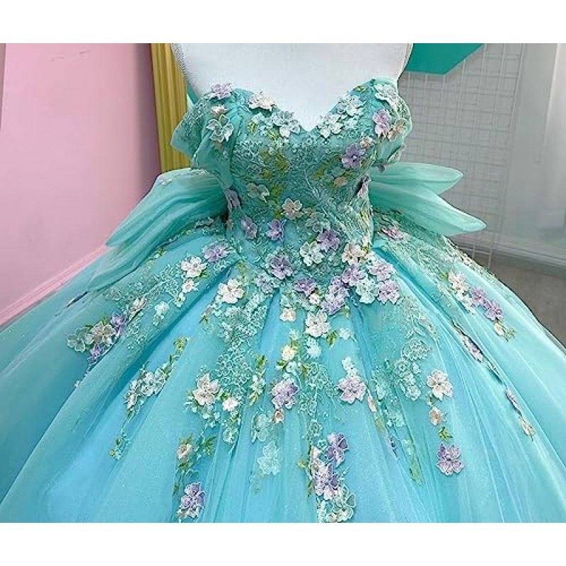 Mauuwy 3D 꽃 Quinceanera 드레스 볼 가운 푹신한 반짝 이는 Tulle 스위트 16 드레스 오프 어깨 레이스 댄스 파티 드레스 Y119