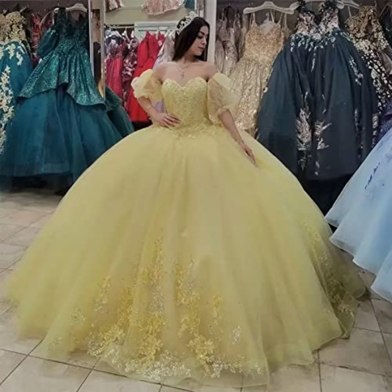 Mauuwy 반짝 이는 Tulle Quinceanera 드레스 볼 가운 푹신한 소매 레이스 스위트 16 드레스 페르시 꽃 댄스 파티 드레스 Y101