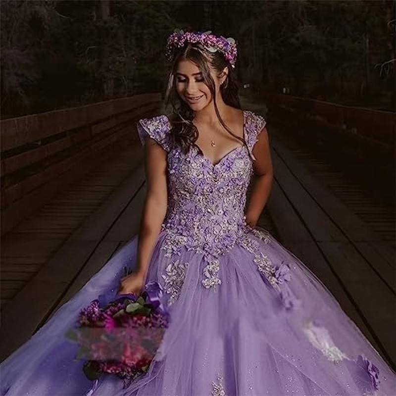 Mauuwy 3D 꽃 Quinceanera 드레스 볼 가운 푹신한 반짝 이는 Tulle 스위트 16 드레스 오프 어깨 레이스 공주 드레스 Y120