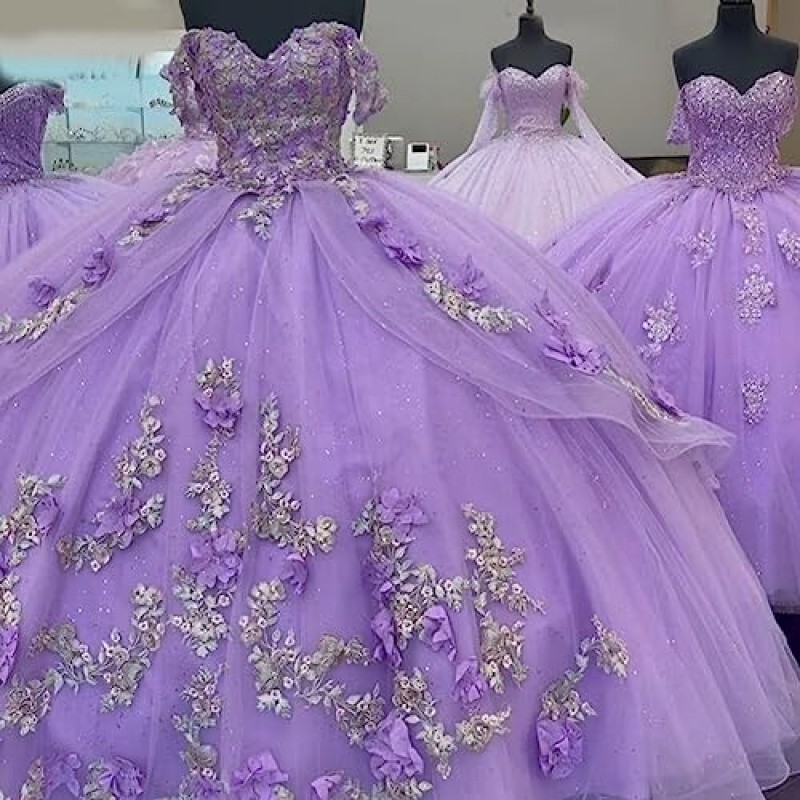 Mauuwy 3D 꽃 Quinceanera 드레스 볼 가운 푹신한 반짝 이는 Tulle 스위트 16 드레스 오프 어깨 레이스 공주 드레스 Y120