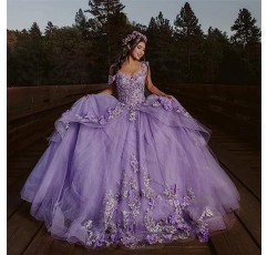 Mauuwy 3D 꽃 Quinceanera 드레스 볼 가운 푹신한 반짝 이는 Tulle 스위트 16 드레스 오프 어깨 레이스 공주 드레스 Y120