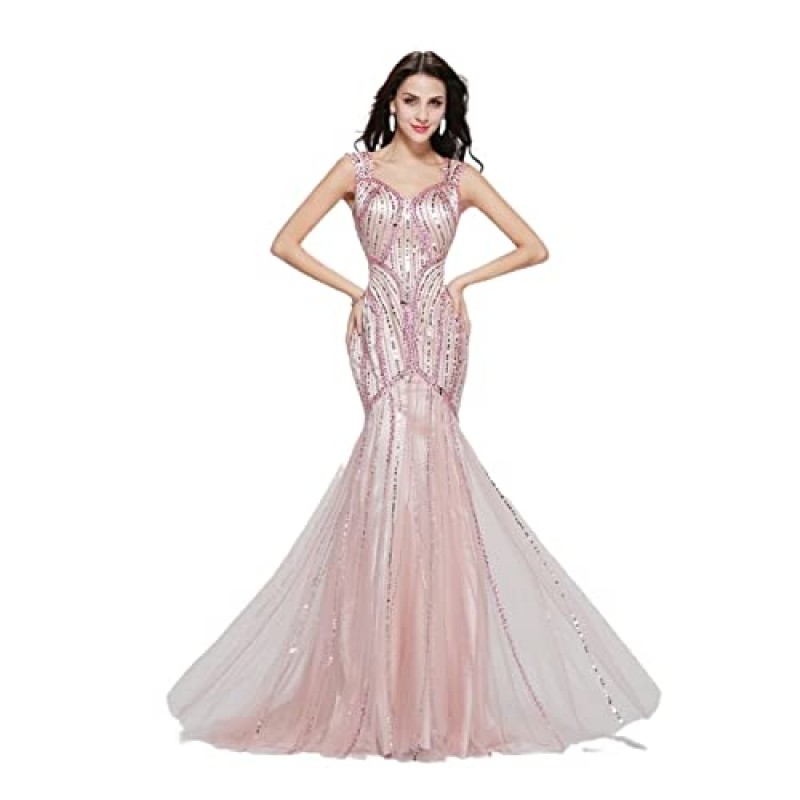 핑크 인어 드레스 이브닝 가운 2022 Tulle Beading Crystal Luxury Dubai Formal Robe de Soiree (색상 : 녹색, 미국 크기 : 맞춤 크기)