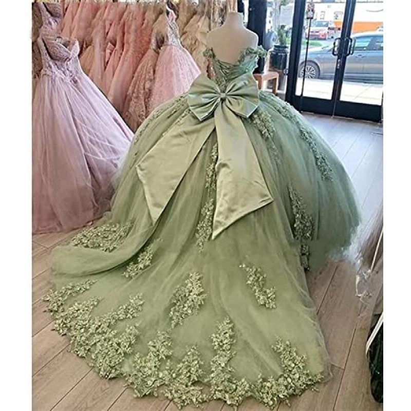 Dinjicun 여성 럭셔리 오프 어깨 Quinceanera 드레스 푹신한 레이스 Applique 스위트 16 볼 가운 활