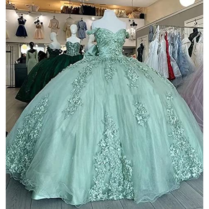 Dinjicun 여성 럭셔리 오프 어깨 Quinceanera 드레스 푹신한 레이스 Applique 스위트 16 볼 가운 활