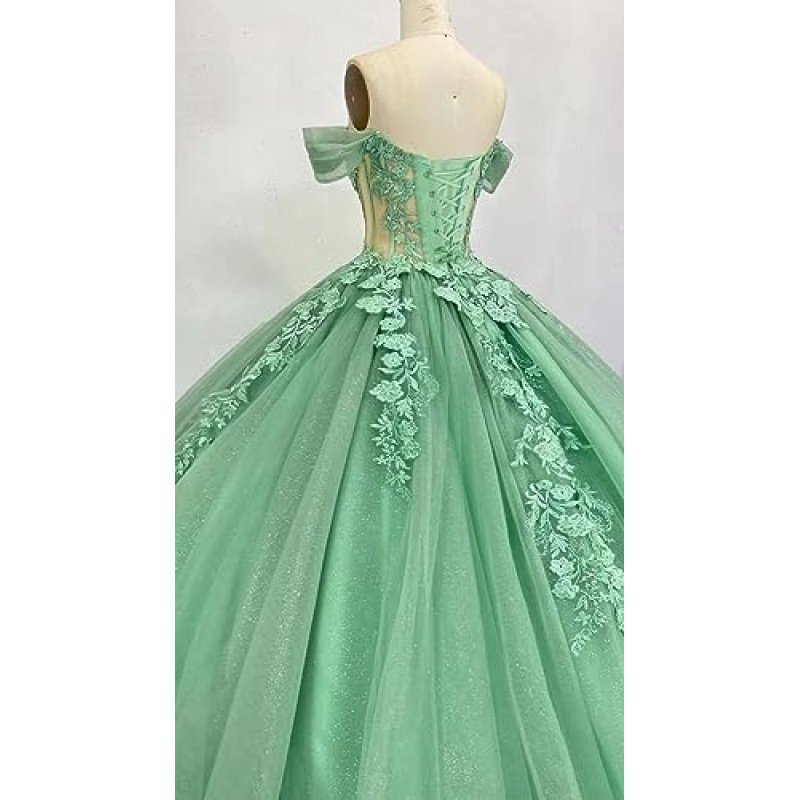 TRHTX 오프 숄더 Quinceanera 드레스와 기차 레이스 아플리케 볼 가운 Sparkly Tulle Sweet 16 Dresses WZY105