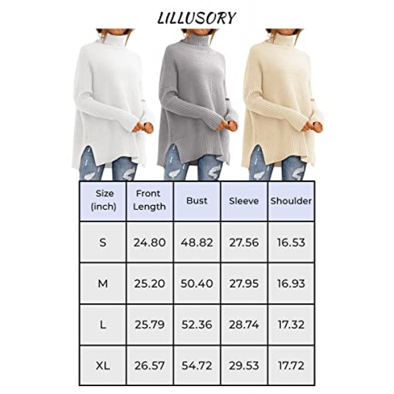 LILLUSORY 여성용 터틀넥 오버 사이즈 스웨터 2023 가을 배트윙 슬리브 풀오버 리브 니트 튜닉 스웨터