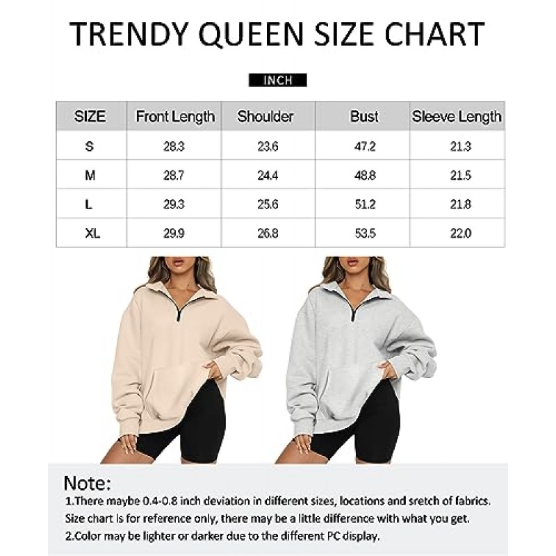 트렌디 퀸 여성용 쿼터 지퍼 풀오버 ​​오버 사이즈 스웨트 셔츠 포켓 하프 지퍼 후드 크루 넥 가을 옷 Teen Girls