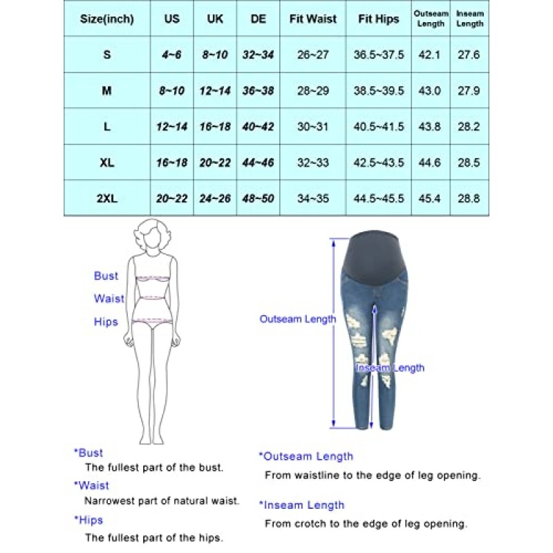 실제 주머니가 있는 벨리 스키니 찢어진 데님 팬츠 위의 Maacie 임부용 청바지