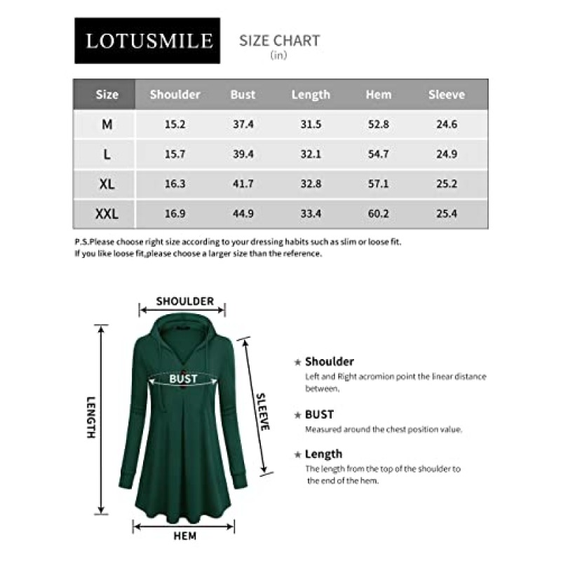 Lotusmile 여성용 긴 소매 후드 튜닉 탑 버튼 스윙 풀오버 까마귀 스웨터