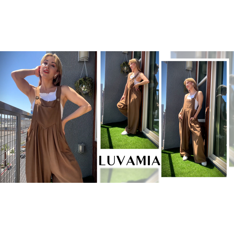 Luvamia 여성용 점프슈트 캐주얼 루즈 와이드 레그 Boho 전체 점프슈트 포켓이 있는 헐렁한 여름 의상 턱받이 작업복