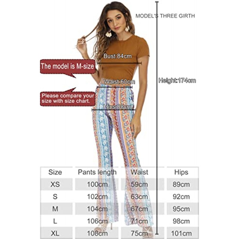 WSPLYSPJY 여성용 프린트 스트레치 벨 보텀 플레어 팔라조 팬츠 바지