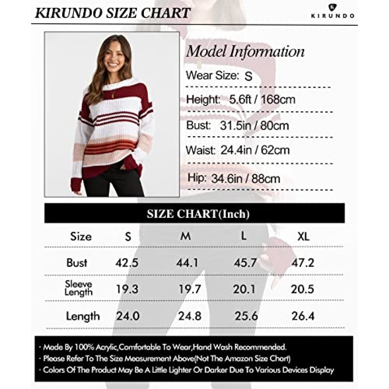 KIRUNDO 2023 가을 겨울 여성 스트라이프 컬러 블록 짧은 스웨터 긴 소매 크루 넥 캐주얼 루즈 니트 풀오버 탑