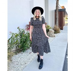 BTFBM 여성 캐주얼 여름 드레스 2023 봄 크루 넥 프릴 짧은 소매 꽃 표범 Smocked Boho Flowy Maxi Dress