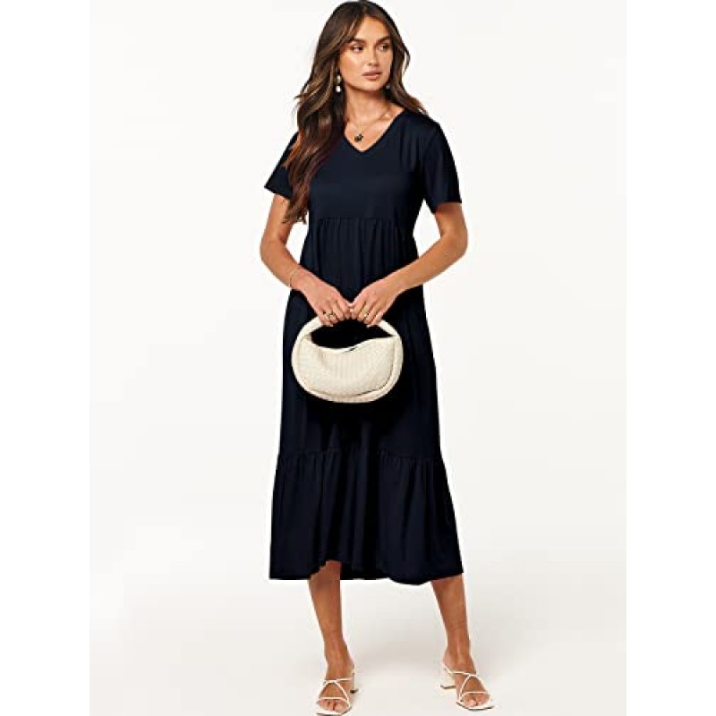 ANRABESS 여성 여름 캐주얼 반소매 V 넥 스윙 드레스 캐주얼 Flowy Tiered Maxi Beach Dress with Pockets