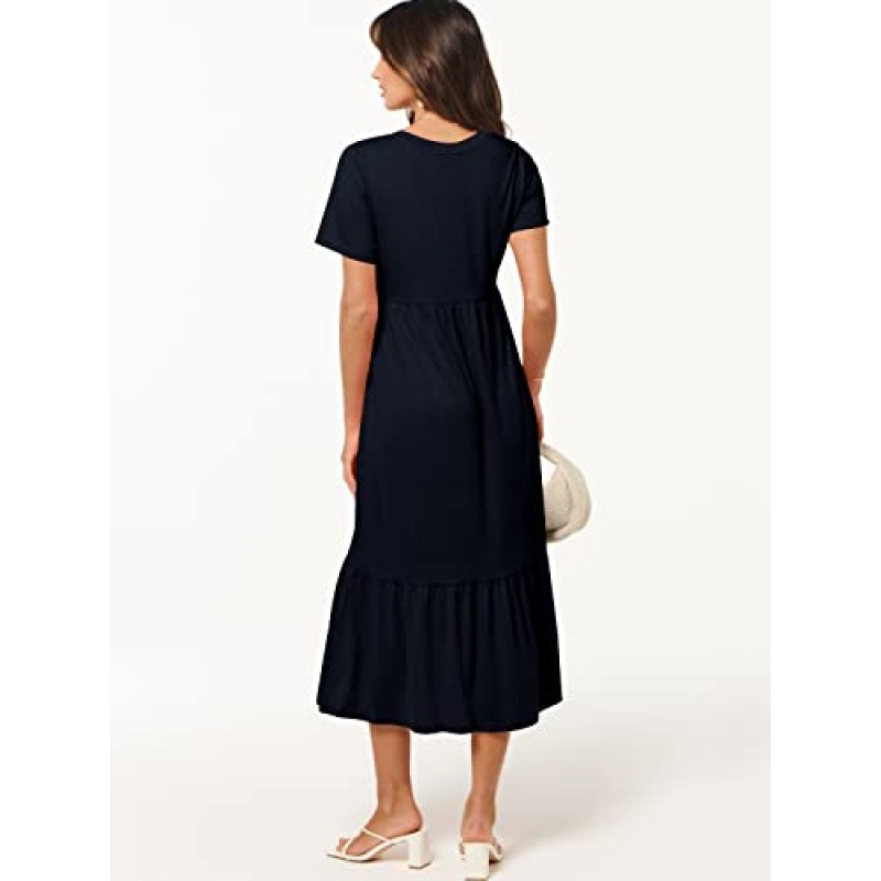 ANRABESS 여성 여름 캐주얼 반소매 V 넥 스윙 드레스 캐주얼 Flowy Tiered Maxi Beach Dress with Pockets