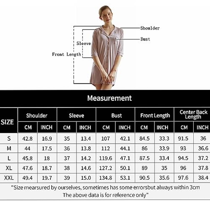 LinaDiary 여성용 잠옷 버튼 다운 나이트 셔츠 3/4 슬리브 남자 친구 v 넥 잠옷 파자마 드레스