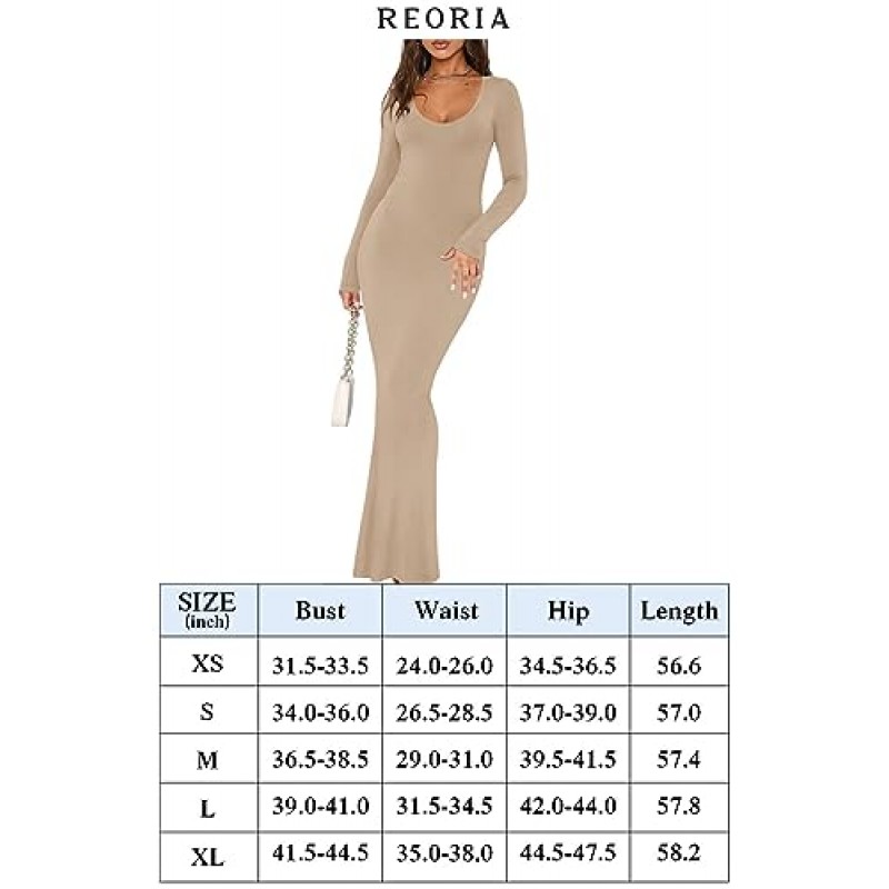 REORIA 여성용 섹시한 스쿠프 넥 긴 소매 라운지 롱 드레스 립 바디콘 맥시 드레스